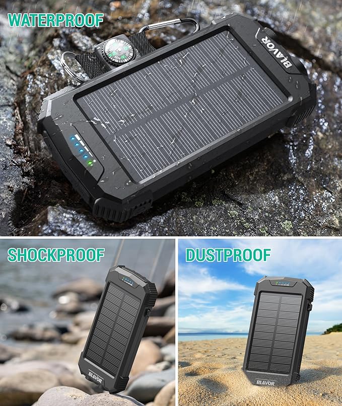 BLAVOR Solar Power Bank 10,000mAh, Portable Wireless Charger, 20W Fast Charging External Battery Pack with USB C for Cell Phones, Solar Panel Charging with Dual Flashlight for Camping