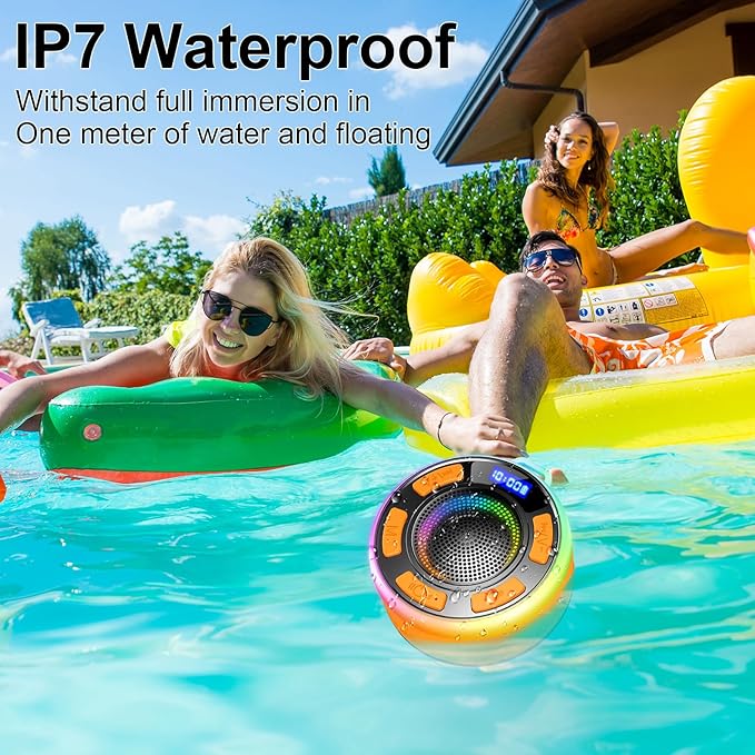 IPX7 Waterproof Shower Bluetooth Speaker, Portable Small Speaker with Suction Cup and Time Display, Loud Crystal Sound & Bass 10H Playtime 1100mAh, Shower Speakers for Pool, Beach Christmas Orange