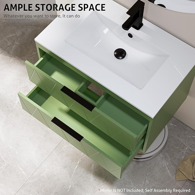 eclife 30" Bathroom Vanities Cabinet with Sink Combo, Wall Mounted Floating Cabinet W/Decor Line, Soft-Close System, 2 Extra Big Drawers, Matte Black Faucet, Matcha Green