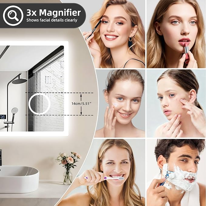 LUVODI LED Bathroom Mirror Rectangle: 32x24 inch Lighted Makeup Vanity with Bluetooth Speaker, Time Display, Magnifier, Anti-Fog, Memory Function, 3 Color Temperature