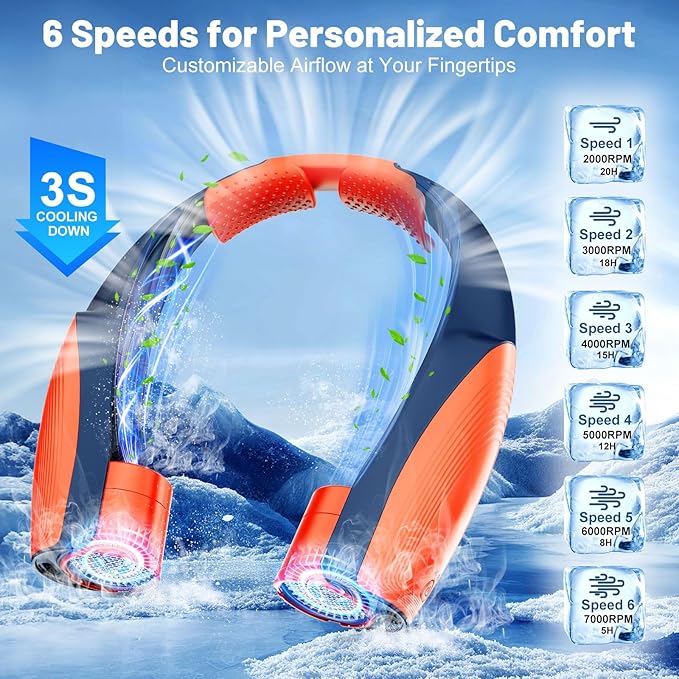 AI Portable Neck Fan with 6 Powerful Speeds, 8000mAh Battery Operated USB-C Rechargeable Fan, Hands-Free 360° Cooling Neck Fan,Ultra-Quiet Personal Fan for Women Men Office Travel(Orange-Blue)