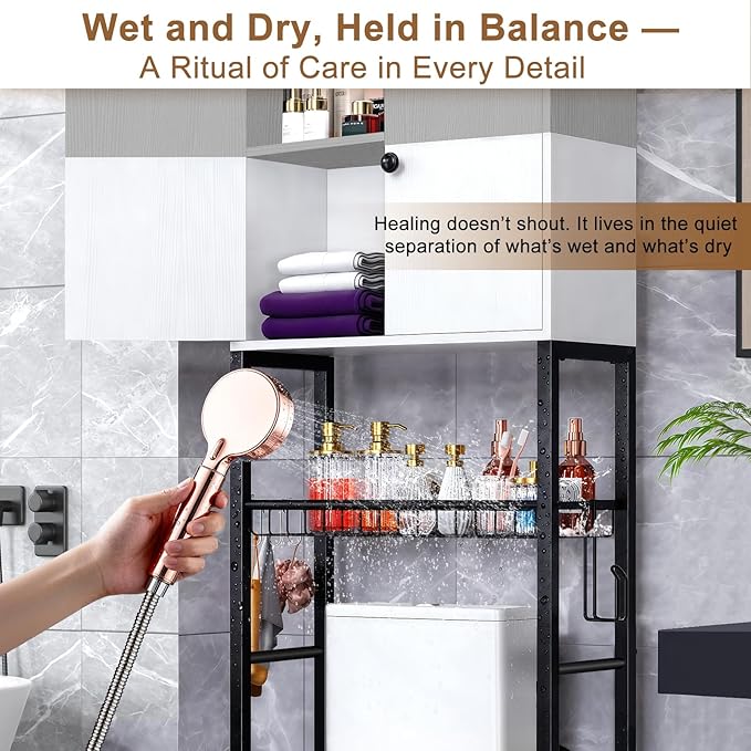 Over the Toilet Storage Cabinet - Freestanding Bathroom Organizer Shelf with Doors, gray & White Over the Toilet Shelves that Separates Wet and Dry Areas, Privacy Protection Above Toilet Storage Rack