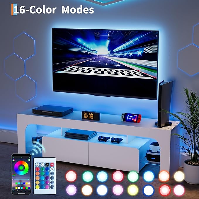 IDEALHOUSE LED TV Stand for 55 to 75 Inch TV, White Entertainment Center with Storage Drawer & Glass Shelves, Modern TV Console Table with Color Changing Lights for Living Room Bedroom