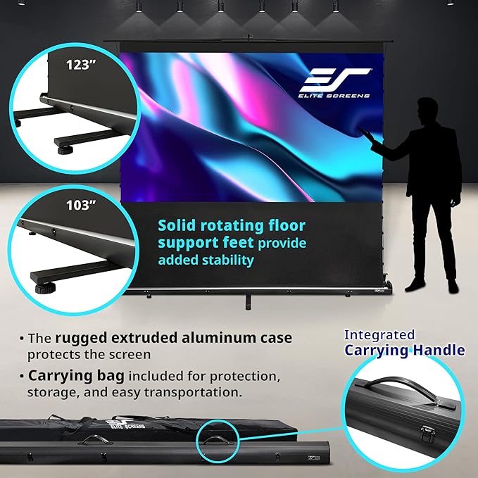 Elite Screens ezCinema Tab-Tension CLR 5, 103-inch Portable Floor-Rising UST Projector Screen, 16:9 ALR Ceiling Light Rejecting Tab-Tension Scissor-Backed Manual Pull-Up+Carry Bag, Black- FT103UH-CLR5