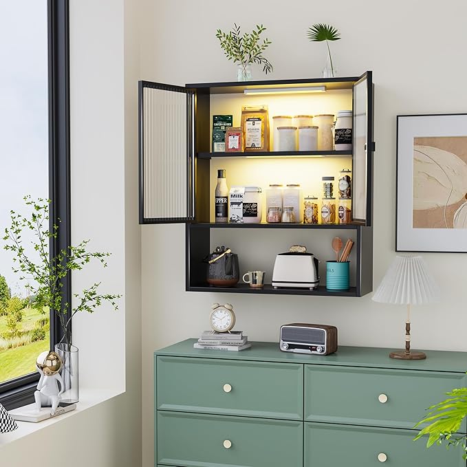 Wall Mounted Bathroom Cabinet with Glass Doors, Metal Over Toilet Storage Cabinets with Open Shelves, Medicine Cabinets for Bathroom, Living Room, Bedroom, Black