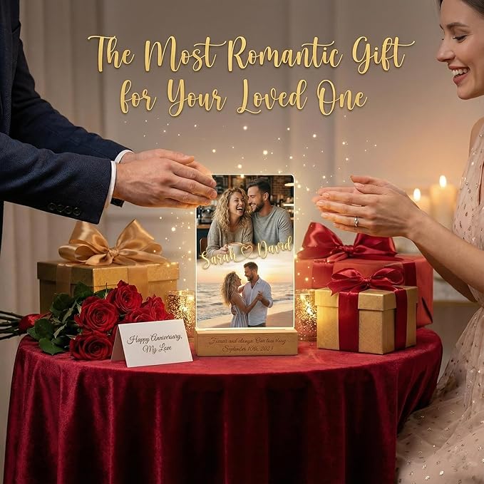 MamaEra Valentine’s Day Gift for Him - Personalized Photo Collage Night Light for Couples - Custom Acrylic LED Lamp with Names & Engraved Wooden Base - Romantic Anniversary, Wedding