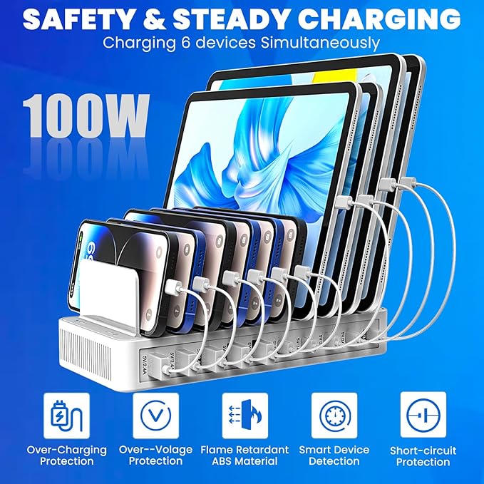RISWOJOR Charging Station for Multiple Devices, 100W 10 Ports Charging Dock with 10 Cables Smart IC Tech and Adjustable Dividers Type-C，Multi USB Charger for iPhone Galaxy iPad Tablet，White