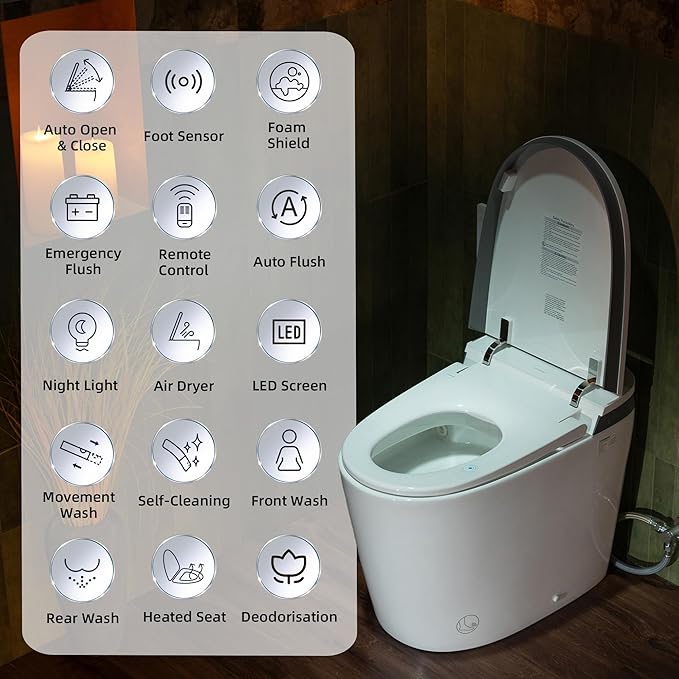 WOODBRIDGE Smart Toilet with Auto Open/Close,1000g MaP Flush Score,Foam Shield,Foot Sensor, Movement Drying,Auto Flush,ADA Height,Blackout Flush,Heated Seat,One Piece Toilet with Tank Built in