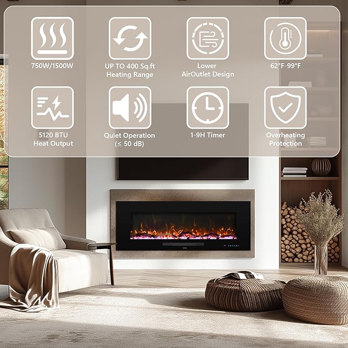 42" Electric Fireplace Inserts, Recessed & Wall Mounted Fireplace Heater Colorful Flame &Fuel, Remote Control Setting Dimer, Thermostat &Timer, Plug in &Hard-Wire Option, 750W/1500W, Black