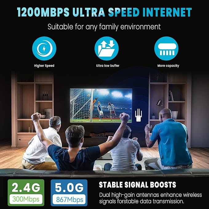 WiFi Extender Signal Booster for Home - 1200Mbps Dual Band, Covers 12880 Sq Ft & 108 Devices, Long Range Internet Booster with Ethernet Port, Easy Setup