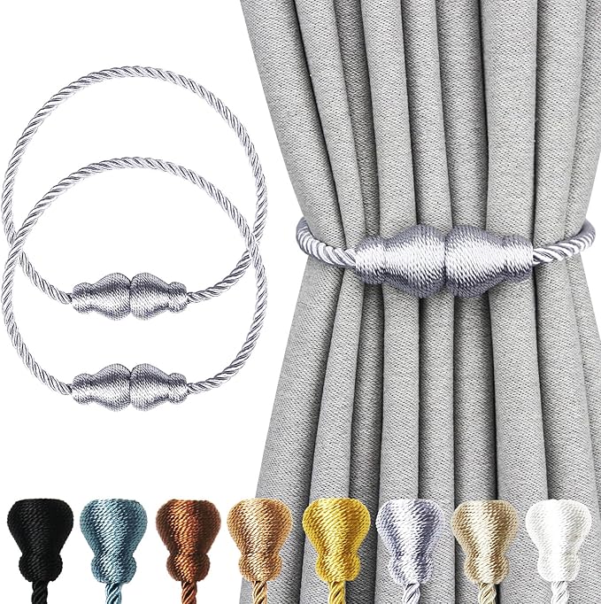 Nieffeiy Magnetic Curtain Tiebacks Outdoor Curtain Tie Backs Rope Decorative Magnetic Curtain Holders for Drapes Window Treatment Holdbacks, Grey 2Pack