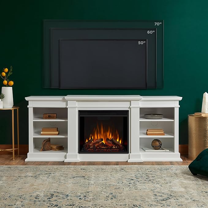 Real Flame Fresno 72" TV Stand with Electric Fireplace in White, Entertainment Center with Electric Fireplace, Living Room TV Stand with Fireplace, fits up to 70" TV
