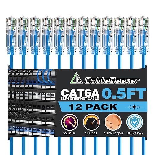 CableGeeker Patch Cables Cat6a 0.5ft Slim, Cat6 Ethernet Patch Cable 10G Support by CableGeeker
