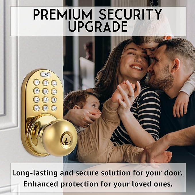 MiLocks TKK-02P Digital Door Knob Handle Lock with Electronic Keypad - Keyless Entry Smart Door Lock with Adjustable Latch Locks, Audible Tones for Interior Front Doors & More, Polished Brass