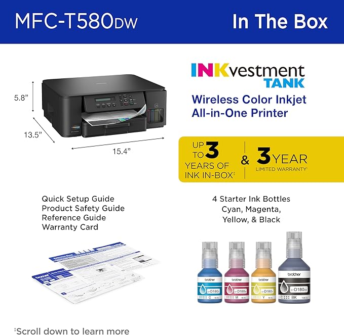 Brother INKvestment Tank 580 Wireless Color Inkjet All-in-One Printer | Includes up to 3 Years of Ink in-Box(1) and 3-Year Limited Warranty(2) (MFC-T580DW)