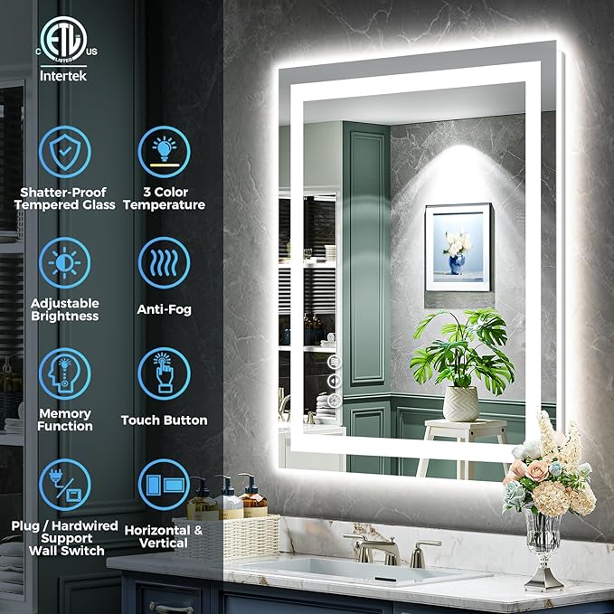 YEELAIT 28x32 Inch LED Bathroom Mirror with Lights Front and Backlit Lighted Vanity Mirror for Bathroom Wall with 3 Colors Dimmable Anti-Fog Memory Shatter-Proof IP54 Waterproof Horizontal/Vertical