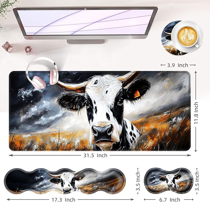 BFUKVOU Large Keyboard Mouse Pad Set, Extended Mouse Pad+Keyboard Wrist Rest Support, Memory Foam Ergonomic Easy Typing, 4Pcs (31.5×11.8 in) Desk Pad Set for Office Home,Cute Cow