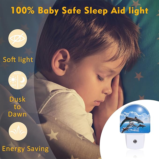sndheke Jumping Dolphins Night Light Plug into Wall, Blue Sea and Bright Sky Dusk to Dawn Night Light Plug in,0.5w Energy Saving Sleep Friendly NightLight for Kids Boys Girls Home Decor