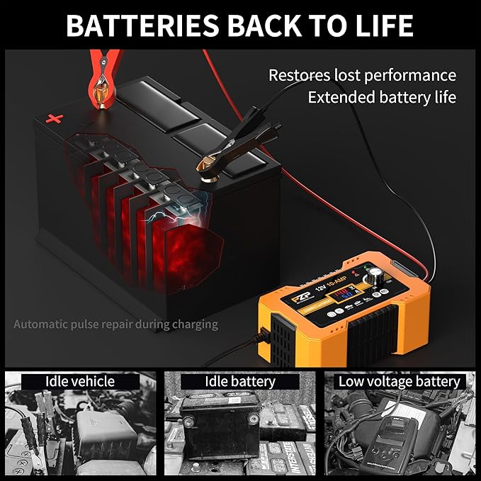 12V Automatic Car Battery Charger, 0-10A Arbitrarily Adjustable Smart Trickle Charger, Auto Desulfator with Battery Repair, Battery Maintainer with Winter Mode for AGM, Gel, Deep Cycle, Lead-Acid