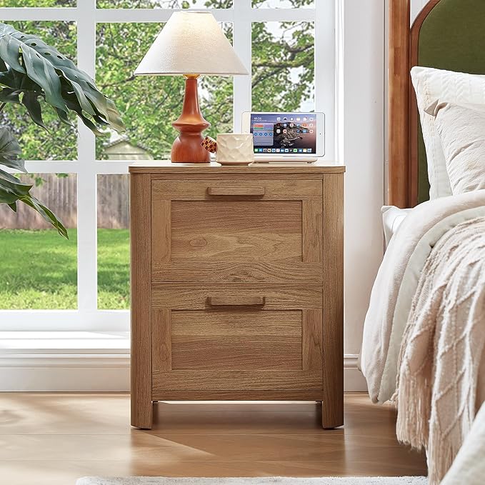 Joaxswe Farmhouse Nightstand Set of 2 with Charging Station, End Tables Bedroom with 2 Large Drawers & 4 Thickened Table Legs, Dark Wood