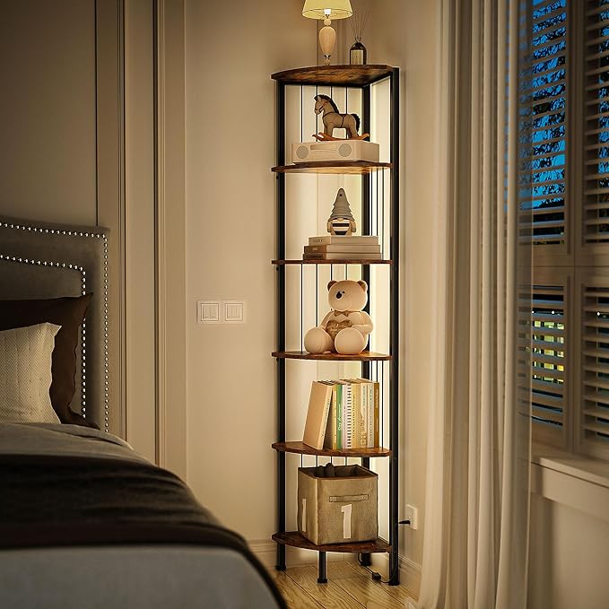 MonaSixy 6 Tier Corner Shelf with Light, Music Synic 60000 DIY LED Color Smart Remote Tall Display Shelves Corner Shelf Stand Bookshelf Wood Rack Metal Frame for Living Game Room Bedroom, Rustic Brown
