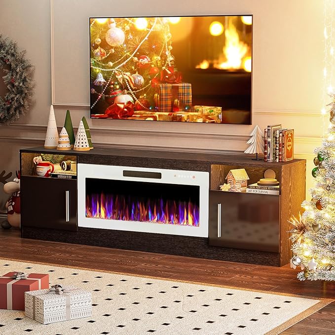 VITESSE TV Stand Fireplace with 36" inch Electric Fireplace Up to 80" TVs, LED Light Entertainment Center, 70" Modern Wood High Gloss with Highlight Storage Cabinet for Living Room (Black)