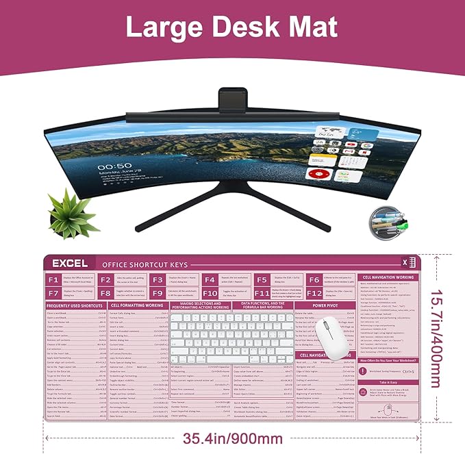 Baziabbo Office Desk Mat, Excel Cheat Sheet Keyboard Mat, Excel Shortcut Desk Pads,Non-Slip Excel Mousepad with Stitched Edges for Computer (Sheet Pink)