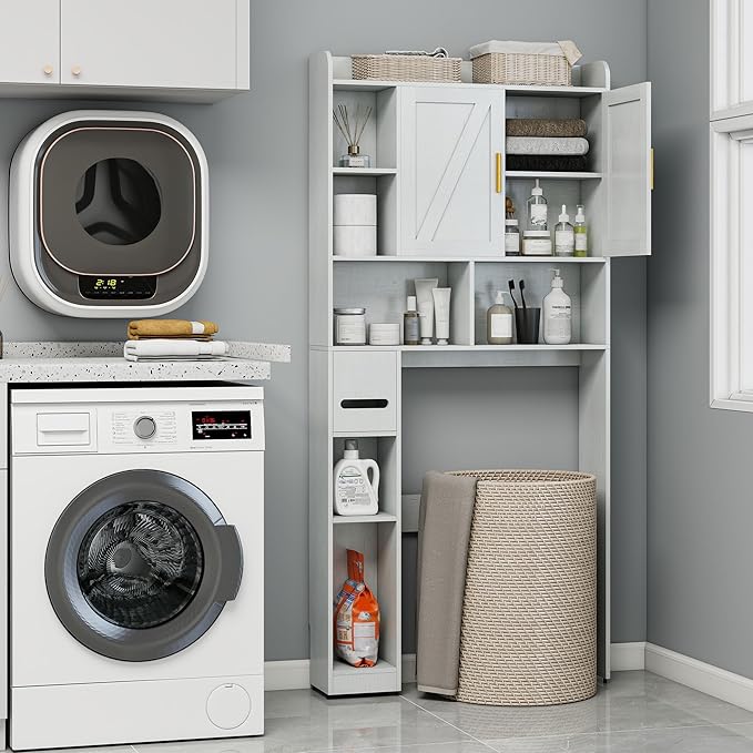 Farmhouse Over The Toilet Storage Cabinet with 2 Doors & 7 Shelves - Rustic Bathroom Cabinet Organizer Storage for Bathroom, Laundry