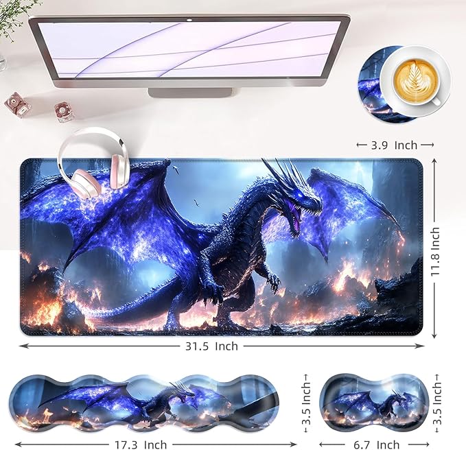 BFUKVOU Large Keyboard Mouse Pad Set, Extended Mouse Pad+Keyboard Wrist Rest Support, Memory Foam Ergonomic Easy Typing, 4Pcs (31.5×11.8 in) Desk Pad Set for Office Home,Fantasy Dragon