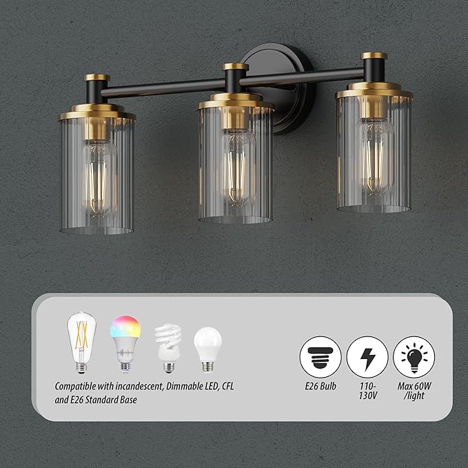 PHIXART Bathroom Lighting Fixtures Black and Gold Bathroom Vanity Light with Cylindrical Clear Stripes Glass Lampshade E26 Socket Base Bathroom Lighting Fixtures Over Mirror (3 Lights)