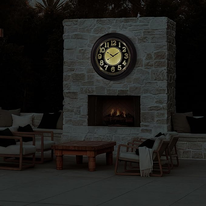 Koosome 18 Inch Lighted Wall Clock Outdoor Clocks with Smart Light Sensor Battery Operated Wall Clocks with Night Light, Waterproof Wall Clock for Patio, Garden, Porch, Living Room, Home, Office