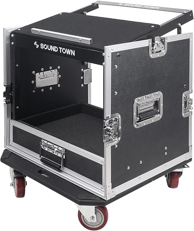 Sound Town 10U PA DJ Pro Audio Rack/Road ATA Case with 2U Drawer, 11U Slant Mixer Top, DJ Work Table, Casters, Pro Tour Grade (MR-DR10U)