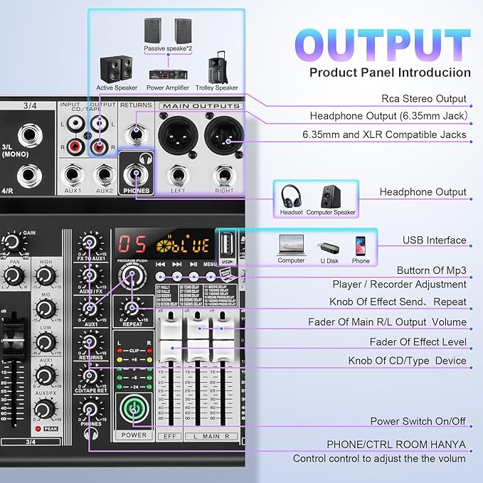 8 Channel Audio Mixer DJ Mixer Sound Board Console 16 Dsp USB Audio Interface MP3 Input +48V Phantom Bluetooth Studio Mixer Audio For Karaoke Streaming Recording