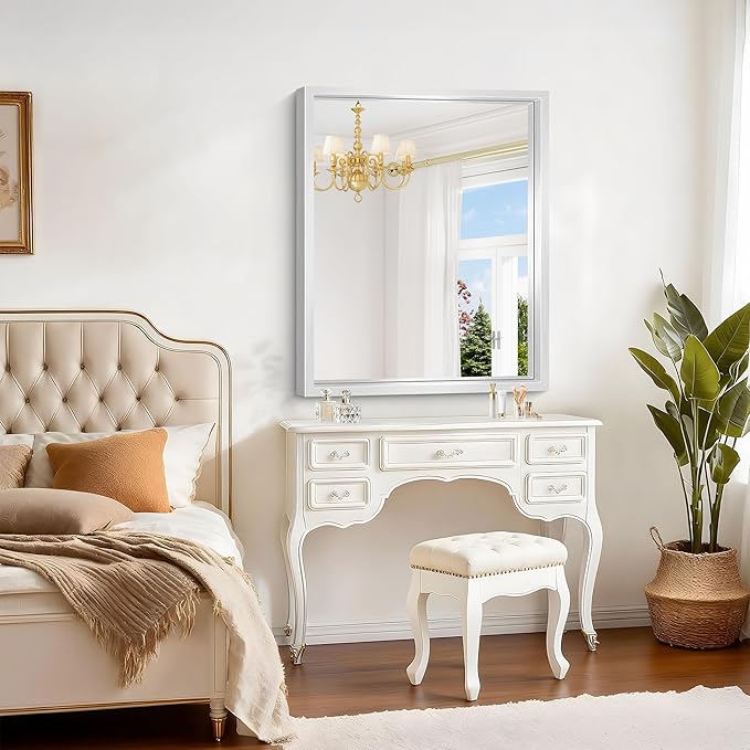 Silver Bathroom Mirror, 36 x 30 Inch Rectangular Wall Mirror 0.6" Thickened Deep Frame, Brushed Silver Vanity Mirrors for Bathroom Sink, Modern Farmhouse, Tempered Glass, Horizontal/Vertical