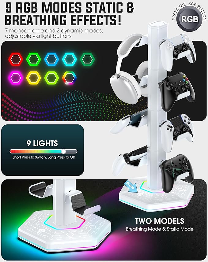 Kytok RGB Controller Holder for PS5/PS4/Xbox/Switch, Headphone Stand with 2 USB Charging Ports and Type-C and Headphone Jack, Headset Holder with Cable Organizer, Controller Stand for Desk, 4 Tiers