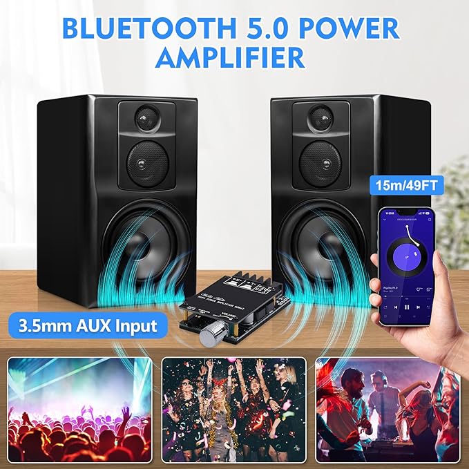 Audio Amplifier Board, ZK-502C Mini Bluetooth Amp Receiver 2.0 Channel 50W x 2, DC 9-24V Stereo Power Amplifier with Bluetooth and AUX Inputs for Home Speakers