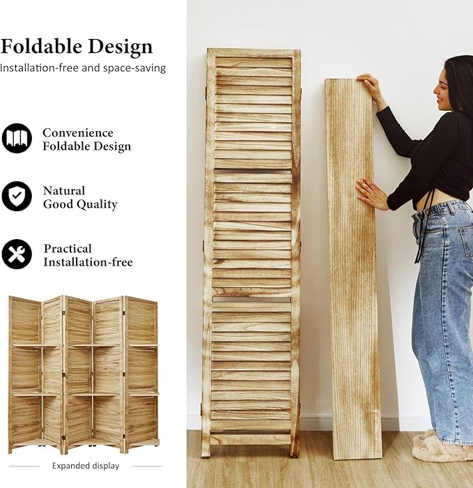 Partition Room Dividers, Folding Wood Privacy Screen with Three Display Shelves Suitable for Home Office, Study, Art Display - 5 Panel, 67 * 64inch (Wood)…