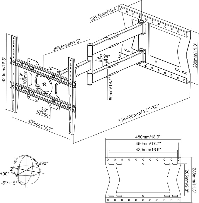 Physix 2080 Long Arm TV Wall Mount for 32-75'' Screens, Extension 32'', Heavy-Duty Max 88 lbs - Full Motion, Tilting & Swiveling, Max VESA 400x400