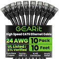 GEARit Cat 6 Ethernet Cable Pack – 10-Pack 10 ft Cat6 Ethernet Patch Cables | RJ45 Network Patch Cable, 10 Gbps Snagless Gold-Plated Connectors – Ethernet Cable Cat 6 for PC, TV, Router – Black