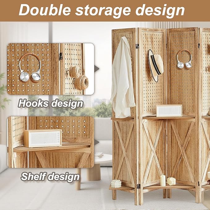 Aleesing 6 Panel Pegboard Display with Shelf, Wooden Pegboard Room Divider Wall with 24 Hooks, Partition Room Dividers and Folding Privacy Screens, Bedroom, Jewelry Store, Natural