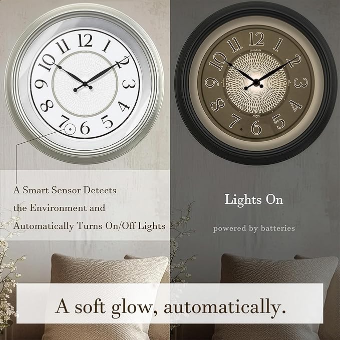 FOUNTAIN DESIGNS Galaxy 18" Large Luminous Atomic Clock with Night Light, Lighted Wall Clocks for Bedroom or Livng Room Decor,Morning Silver Finish,House Warming Gifts New Home