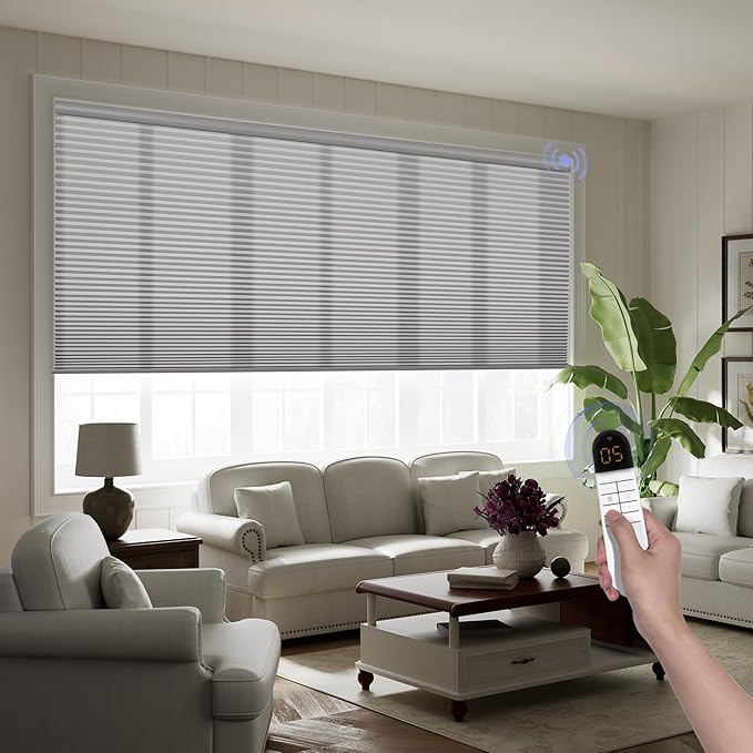 Boolegon Motorized Blinds with Remote, Light Filtering Smart Blinds, Automatic Cellular Shades for Windows, Rechargeable Electric Honeycomb Shades for Home,Light Filtering Light Gray,Custom Size