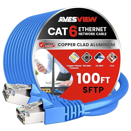 CAT 6 Shielded Ethernet Cable 100 FT, Indoor High-Speed 10Gbps Snagless by AvesView