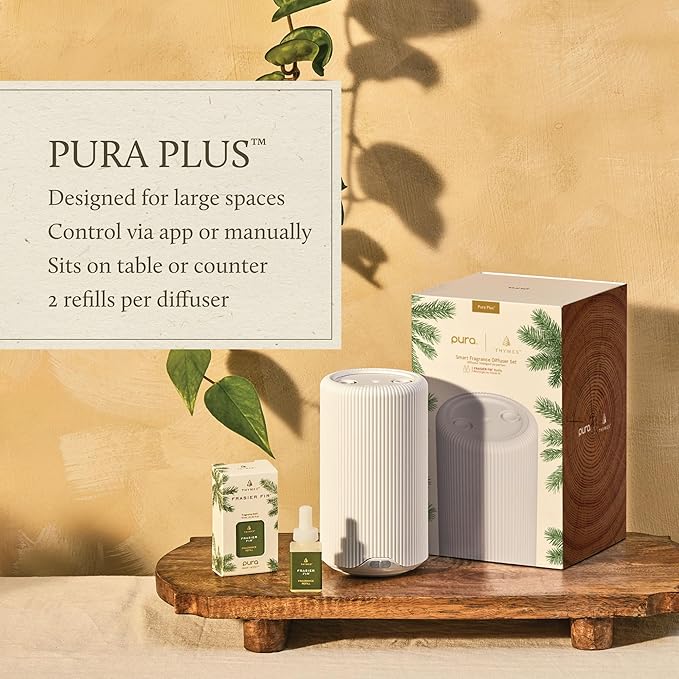 Thymes Pura Plus Smart Home Fragrance Diffuser Kit - Includes 1 Tabletop Pura Diffuser and 2 Frasier Fir Pura Refills - Notes of Siberian Fir, Cedarwood & Sandalwood