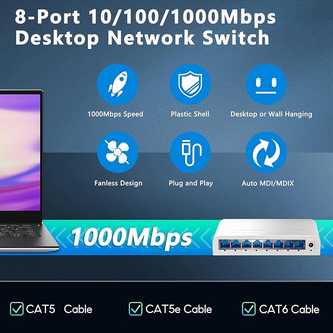 8 Port Gigabit Wired Ethernet Switch 1000Mbps USB 5-12V Powered White Plastic - Image 5