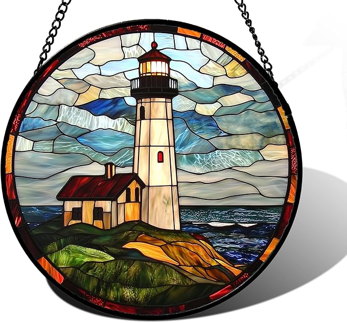 DASTOLL Stained Glass Window Hanging, Ocean Lighthouse Sun Catchers Glass Panel Blue Green Suncatcher Decor for Birthday for Women, Men, Wife, Aunt, and Mom 11.8 in
