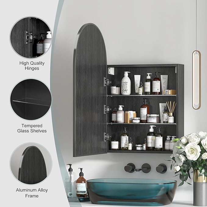 Arched Medicine Cabinet Mirror for Bathroom, Brushed Black Arch Mirror Cabinet with Storage,Adjustable Shelves, Wall Mounted Only, Modern Bathroom Storage,20x32 Inch