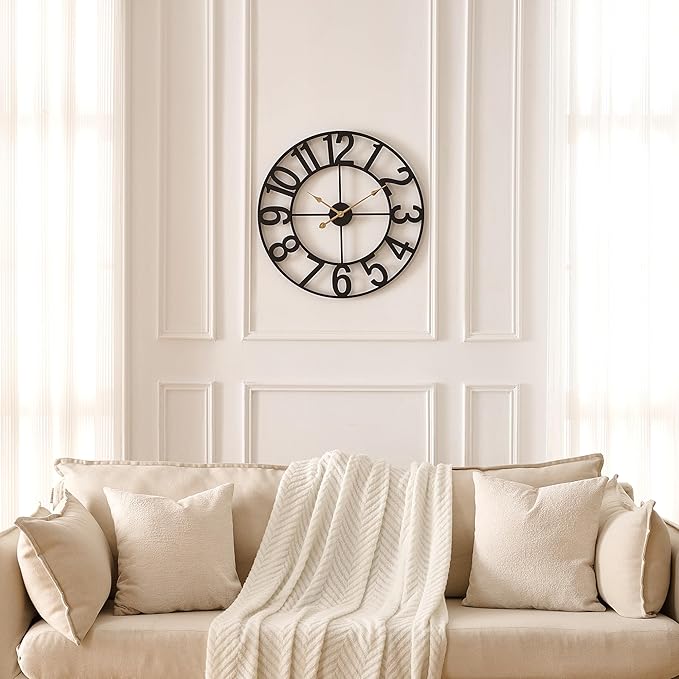 Alarmore Wall Clocks for Living Room Decor, Large Wall Clock Silent Battery Operated, Rustic Industrial Farmhouse Black Metal Wall Clocks for Kitchen, Bedroom, Dining Room-24 in
