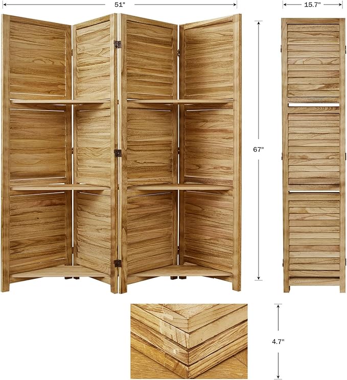 Partition Room Dividers, 67 * 51inch Folding Wood Privacy Screen with Three Display Shelves Suitable for Home Office, Study, Art Display - 4 Panel(Natural)