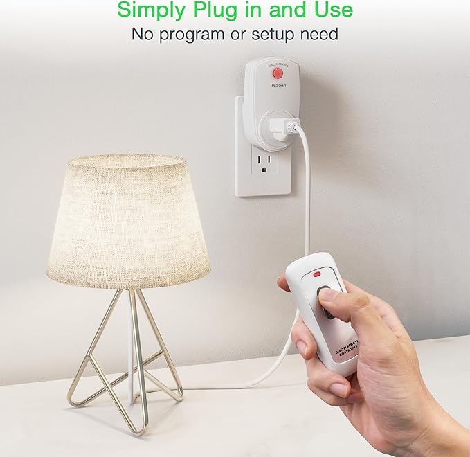 Remote Control Outlet, TESSAN Wireless Electrical Plug Switch for Lights, Lamps, Fans, 100ft RF Range, 1200W (1 Remote + 1 Outlet)
